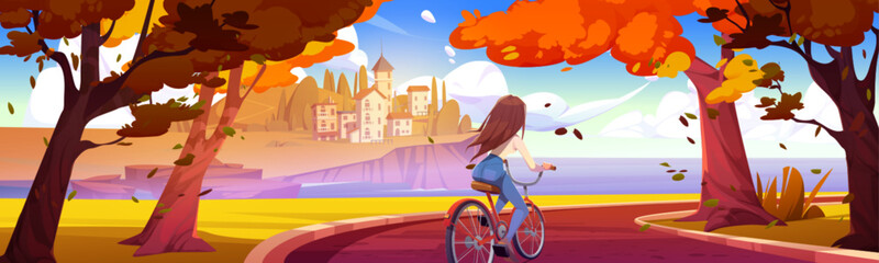 Back view of young woman riding bicycle in autumn park, heading towards coastal town. Vector cartoon illustration of active female enjoying bike trip, golden foliage flying in air, vacation travel
