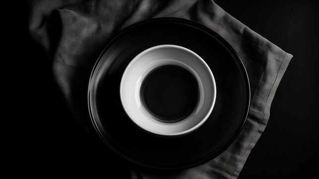  a black and white photo of a bowl on a napkin.  generative ai