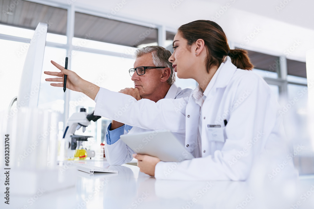 Aufkleber Scientist, tablet and teamwork in science experiment, results or collaboration on computer at the laboratory. Woman and man mentor in medical research working together on pc with scientific student