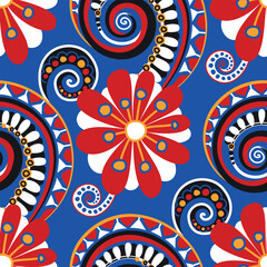 Fototapeta premium Folkloric Seamless Pattern with Paisley Flower, Nature Inspired Design Element. Ornate Abstract Pattern. Endless Texture for Fabric, Wallpaper etc. Vector Illustration