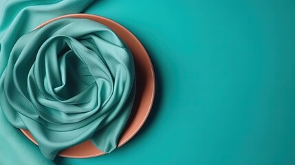  a plate with a blue cloth on it on a turquoise background.  generative ai