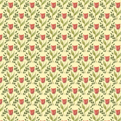Seamless floral pattern - red tulips on a yellow background, elements of flowers, framed by green leaves on a yellow background; for printing on fabric, for wrappers, wallpapers, postcards.