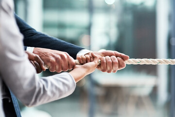 Hands, teamwork and rope with business people grabbing during a game of tug of war in the office. Collaboration, help or strength with a team of employees or colleagues pulling an opportunity at work - obrazy, fototapety, plakaty