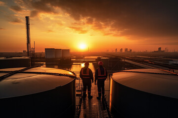Tank farms, with sky sunset, oil workers in uniform and engineering helmets overseeing operation.