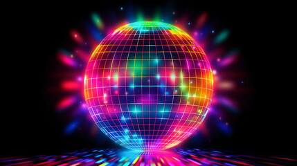 Discokugel mit Discolichtern in Neonfarben. Querformat. Generative Ai.
