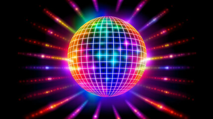 Discokugel mit Discolichtern in Neonfarben. Querformat. Generative Ai.