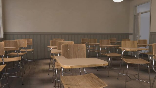School classrom with wooden chair and desks. 3D animation of a classroom