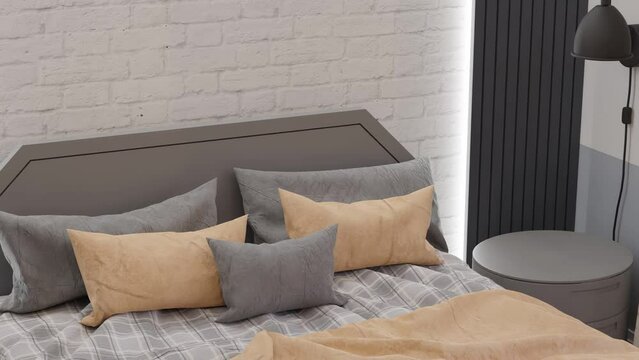 3D Render animation of a bed and bedside table