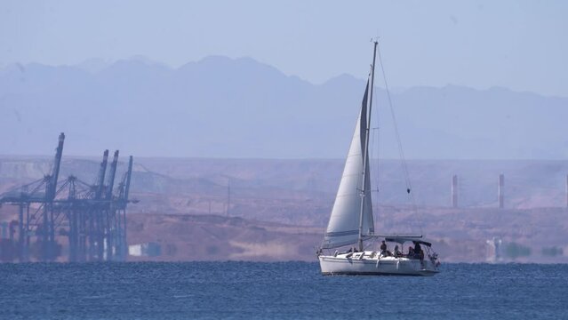 Luxury Sailboat Cruising During Summer At The Red Sea In The Middle East. Wide Shot