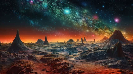 Zelfklevend Fotobehang alien planet surface. Generative Ai © Shades3d