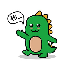 Vector illustration of a cute green dino with a text bubble that says hi