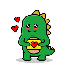 Vector illustration of a cute green dino that holding the board with a love sign