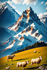 two sheep are standing on a grassy hill side with mountains in the background and one is looking at the camera