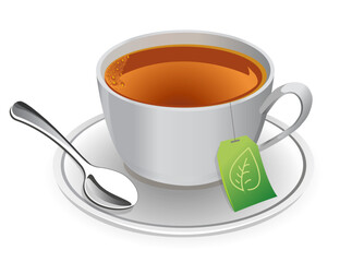 light gray cup with tea and a spoon on a saucer on a white background