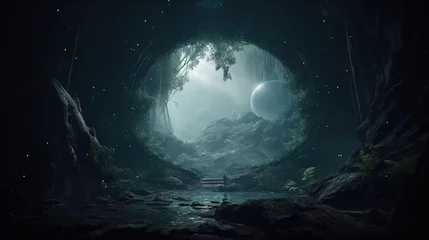 Plaid mouton avec motif Pleine Lune arbre background with space portal. Generative Ai