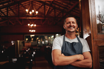 Happy man, portrait and small business owner of restaurant, cafe or pub with a smile for career...