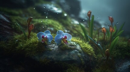 Fototapeta na wymiar two blue orchids are sitting on a mossy rock. generative ai