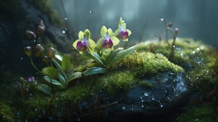Obraz na płótnie Canvas a group of flowers that are sitting on a mossy surface. generative ai