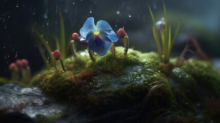 Fototapeta na wymiar a blue flower sitting on top of a moss covered rock. generative ai
