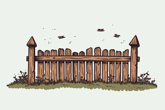 Doodle inspired Rustic fence, cartoon sticker, sketch, vector, Illustration