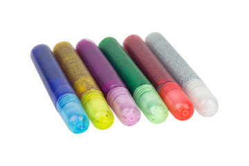 set bottle of colored gel glue for decoration. Stick of colored gel with sparkles isolated from background.