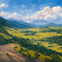 Generative AI, Field countryside with blue sky outdoors in Japanese painting style