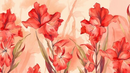  a painting of red flowers on a beige background with green stems.  generative ai