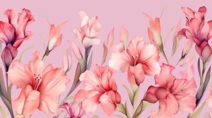  a bunch of pink flowers are on a pink background with green stems.  generative ai