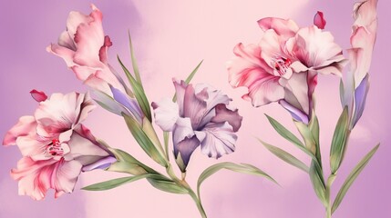  a painting of pink and white flowers on a purple background.  generative ai