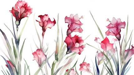 a watercolor painting of pink flowers and green grass on a white background.  generative ai