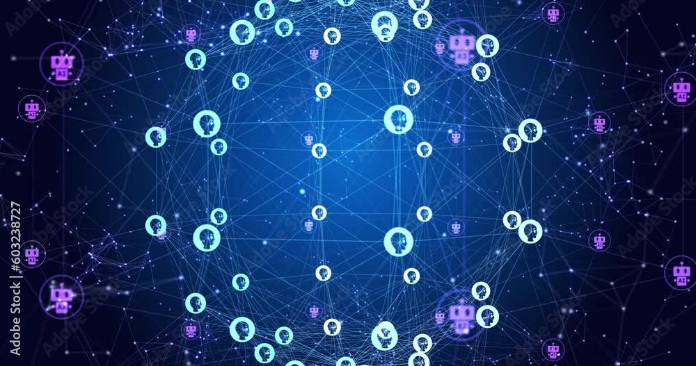 Poster animation of ai data processing over globe with connections with icons