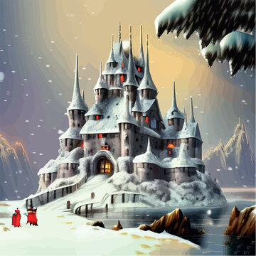 Fantasy background with mysterious medieval castle in snowy hills. Vector illustration