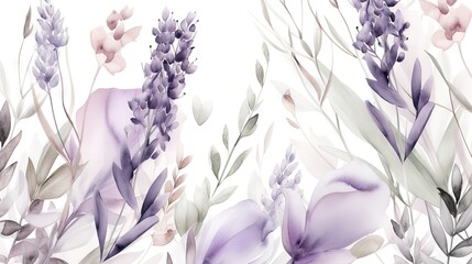  a watercolor painting of purple flowers and green leaves on a white background.  generative ai