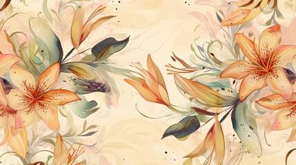  a painting of flowers on a beige background with leaves and swirls.  generative ai