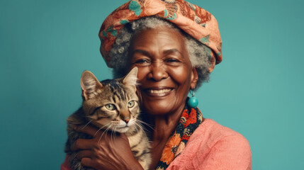 A modern afro senior woman and her beloved cat against a studio blue backdrop. Generative AI