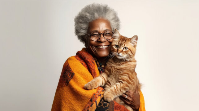 A beautiful afro senior woman lovingly embraces her pet cat in this studio portrait. Generative AI