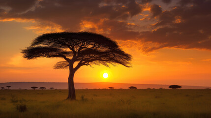 Acacia tree silhouette standing tall against the backdrop of a breathtaking sunset. Generative AI