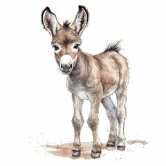 Baby Donkey watercolor with ink outline on white background, high detailed (generative AI)