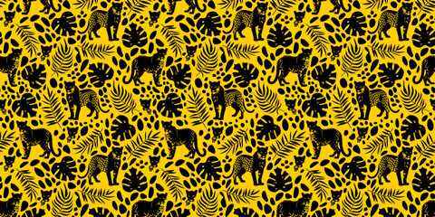 Trendy Leopard Pattern Horizontal Background. Wild animal vector cheetah skin texture, leopard and tropical palm leaf silhouette print, leo wallpaper