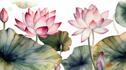  a watercolor painting of pink flowers and leaves on a white background.  generative ai