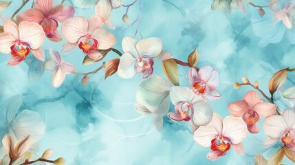  a painting of pink and white orchids on a blue background.  generative ai