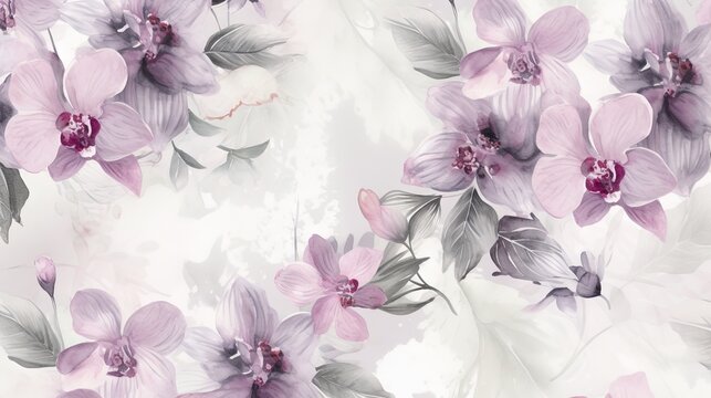  a floral pattern with purple flowers on a white background with grey leaves.  generative ai