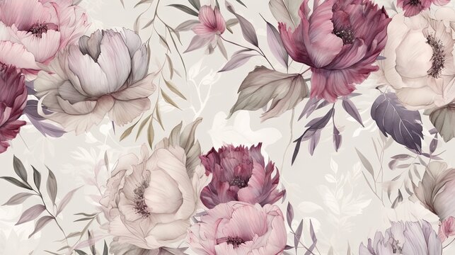  a floral wallpaper with pink and purple flowers on a white background.  generative ai