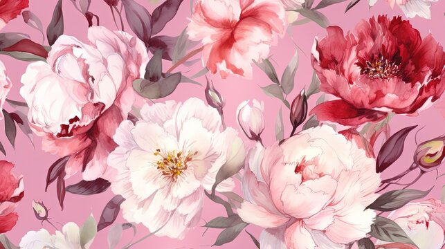  a bunch of flowers that are on a pink background with green leaves.  generative ai