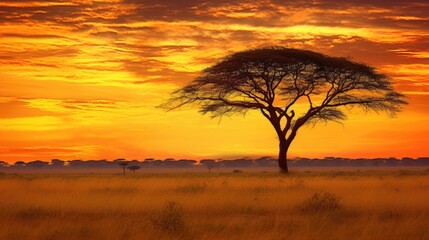 Acacia tree silhouette standing tall against the backdrop of a breathtaking sunset. Generative AI