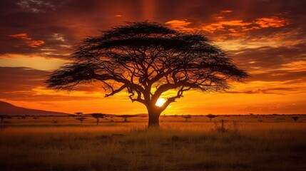 Naklejka na ściany i meble Acacia tree silhouette standing tall against the backdrop of a breathtaking sunset. Generative AI