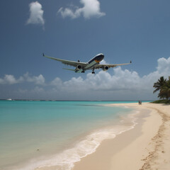 Aerial view of aircraft departing for its journey over ocean with waves and white sand beach background. Generative ai