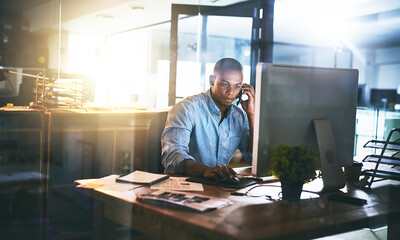 Business man call, night working and computer with office communication and project web research....
