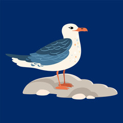A sea gull stands on a stone. Vector illustration in cartoon style.