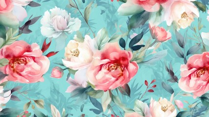  a blue background with pink and white flowers and leaves on it.  generative ai